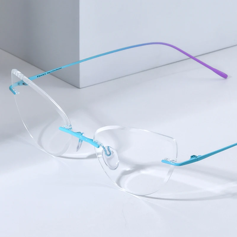 FONEX Titanium Glasses Frame Men Brand Design Rimless Cat Eye Eyeglasses High-Quality Frameless Cateye Japanese Eyewear 85909