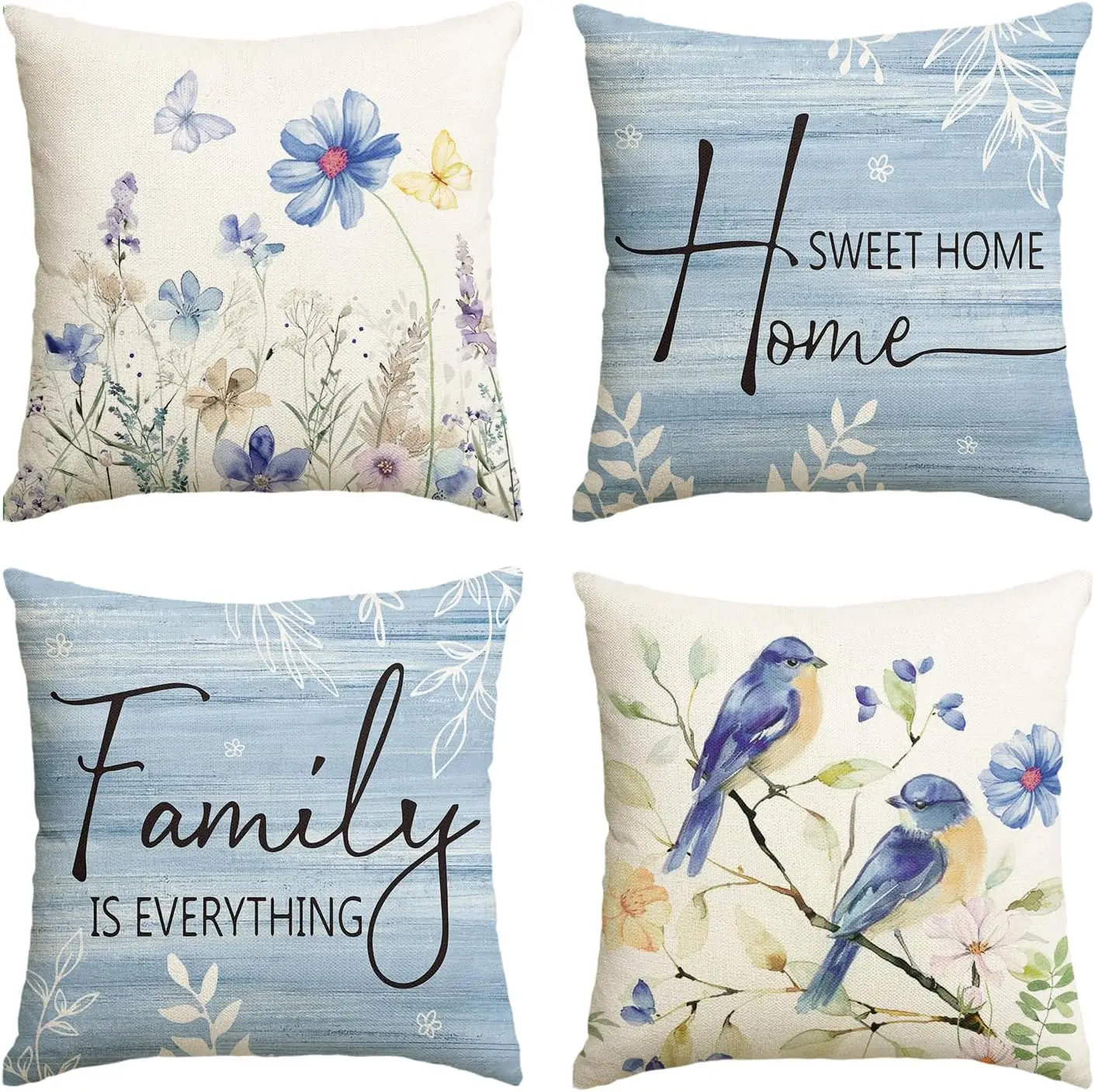 Spring Flowers Butterfly Bird Pillow Covers Home Sweet Home Blue Cushion Covers for Sofa Couch Bed Livingroom Bedroom Home Decor