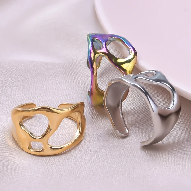 1/3Pcs Stainless Steel Stylish Irregular Hollow Multi-Layer Personality Chunky Open Rings Punk Textured Men Wide Anillos Jewelry