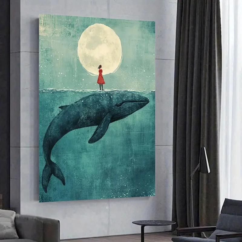 Whale and Girl in The Moonlight Poster and Prints Retro Abstract Canvas Painting Wall Art Picture for Living Room Home Decor