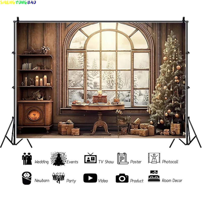 

Vinyl Custom Christmas Tree Window Candy Photography Backdrop Wooden Doors Snowman Cinema Pine New Year Background Prop LA-33