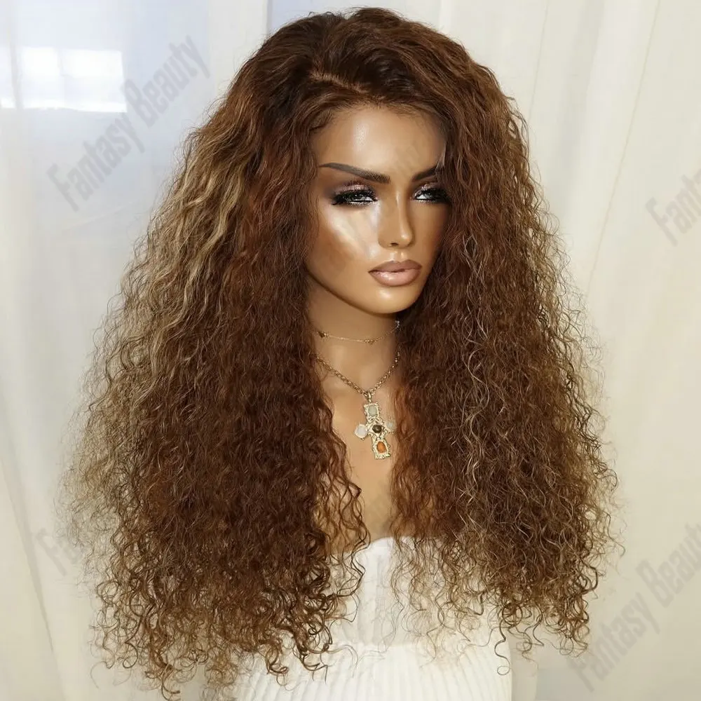 

Honey Blonde Highlighted 13x6 Lace Front Wig Deep Curly European Human Hair with Natural Hairline Glueless for Women 360Lace Wig