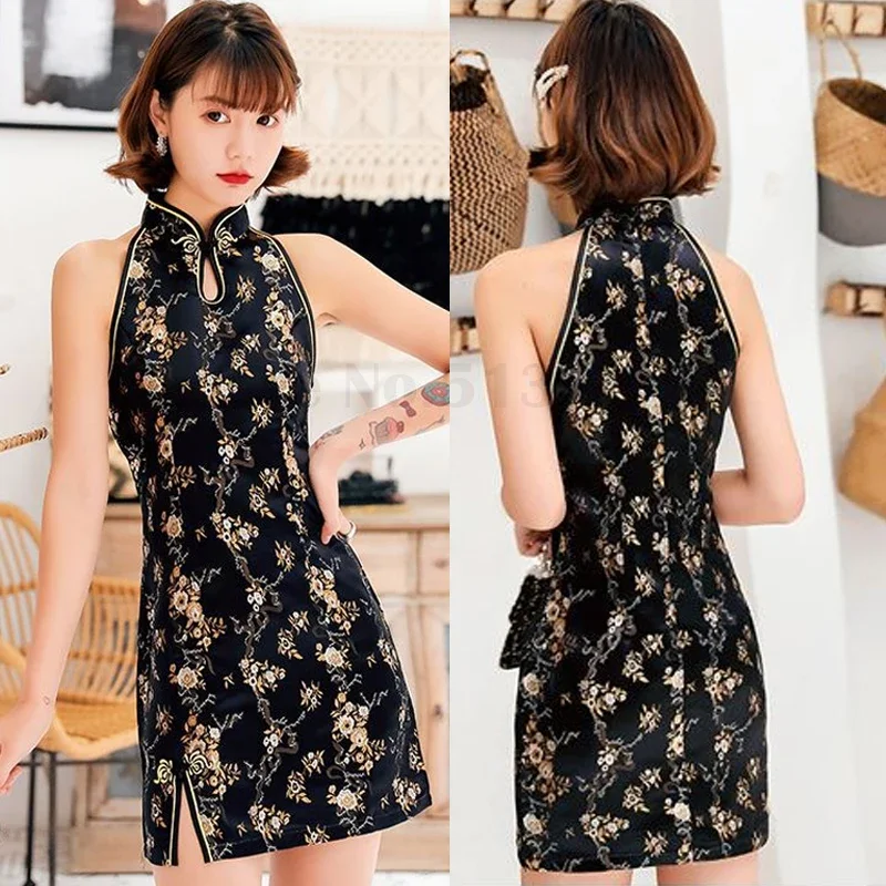 

Black Oversize 3XL Chinese Dress Vestidso Traditional Women Sexy Satin Summer New Sleeveless Mini Cheongsam Print Elegant Qipao