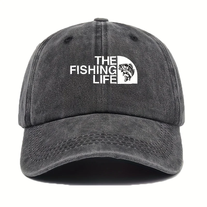 Men's Fishing-Themed Trucker Hat with Logo Print & Structured Six-Panel Cap - Soft Washed Snapback Closure, Suitable for Fishing