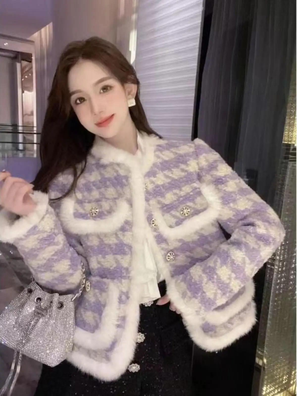 

Tweed Jacket Bomber Womens Fall Wearing Double-Sided Functional Highstreet Elegant Contrast Inner Outer Lining Placket Commuting