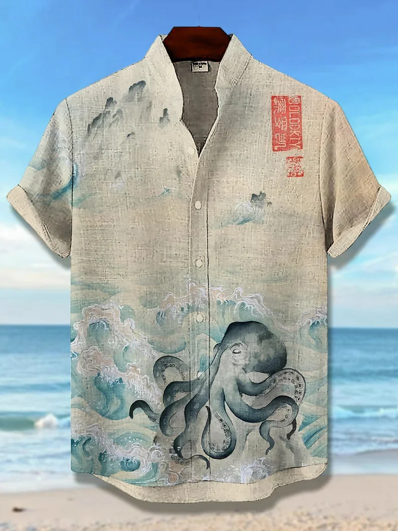 

New retro contrasting style linen short sleeved shirt men's ethnic style floral 3D printed personalized top
