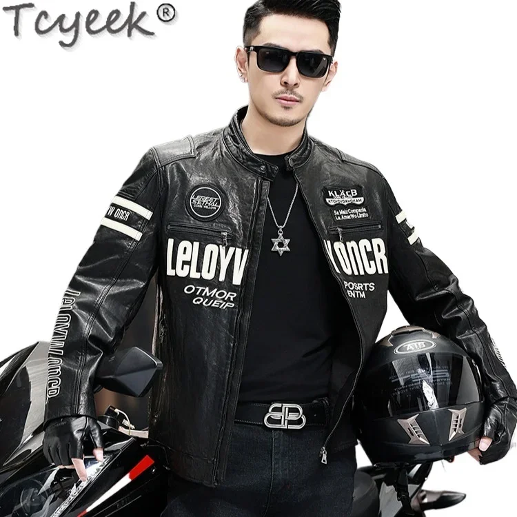 Tcyeek Real Leather Jacket Men Spring Autumn Clothes Oil Wax Cowhide Coats Mens Jackets Black Moto&biker Coat Jaqueta Couro