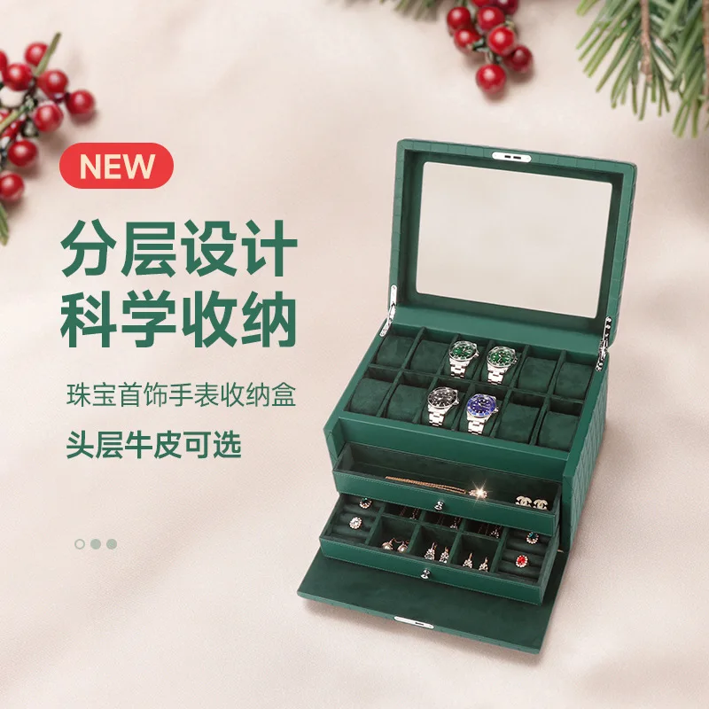 jewelry box, retro green leather three layers, drawer jewelry storage box.