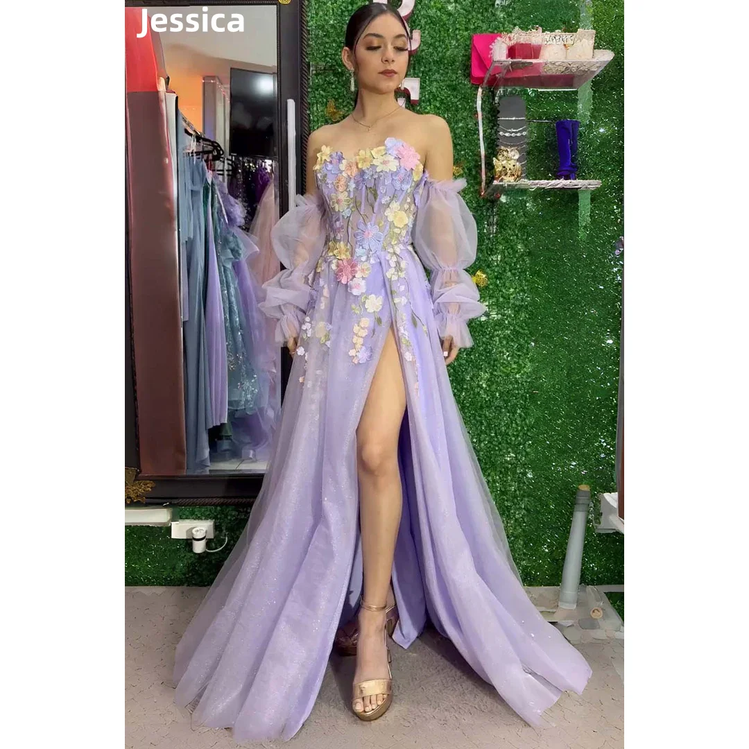 Jessica Tulle Flowers Prom Dresses Sweetheart Lavender Purple Wedding Dress Puff Long Sleeves Robes De Soirée Customized2025