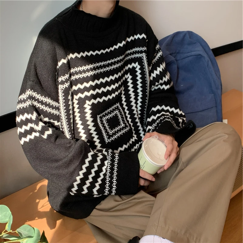

Japanese Sle Geometric Pattern Couple Sweater Men's Spring Autumn f High Collar Jaet Stripe Knitted irt