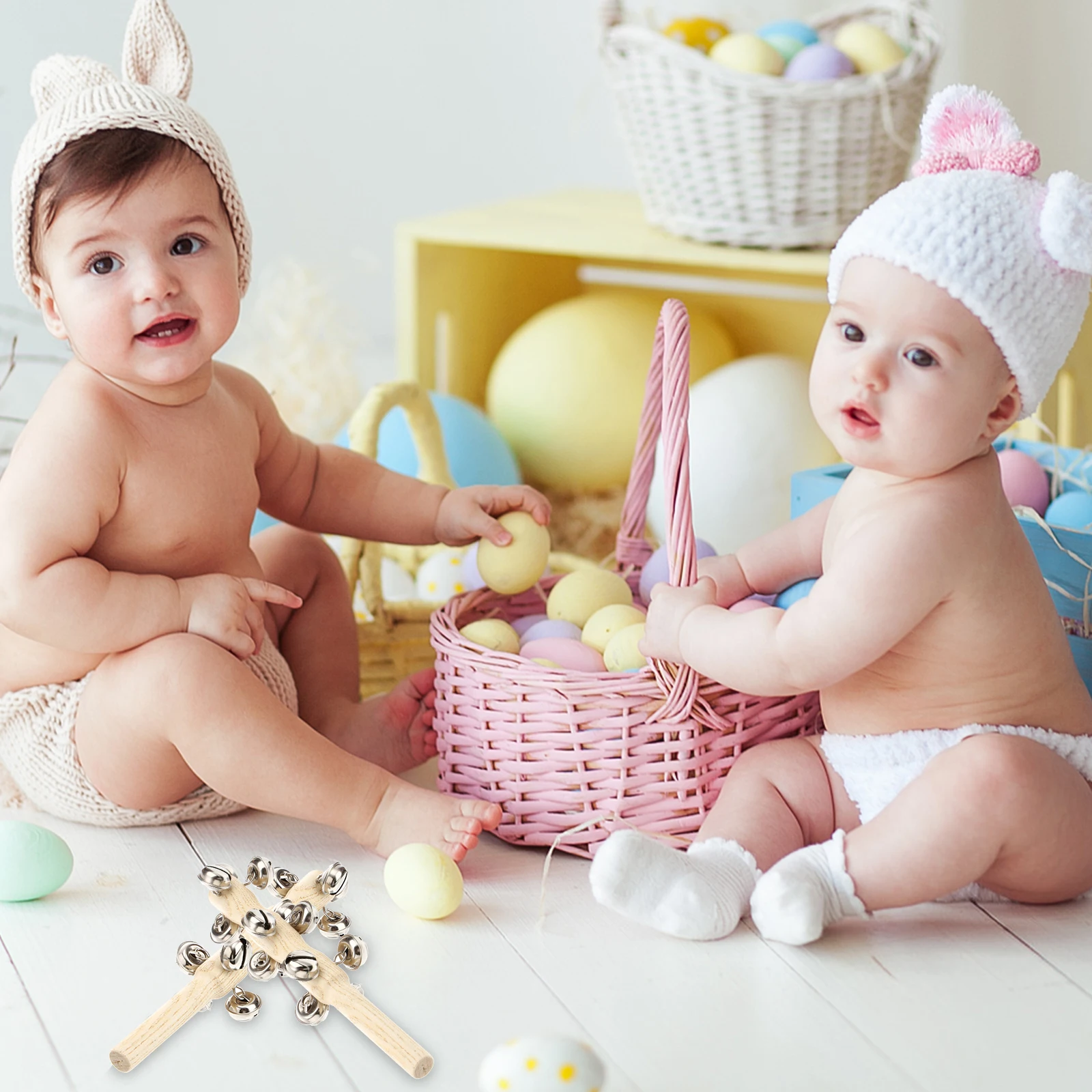 8pcs Wood Rattle Toys Baby Hand Jingle Bell Musical Instrument Smooth Surface Develop Auditory Sense Rhythm Educational Kids