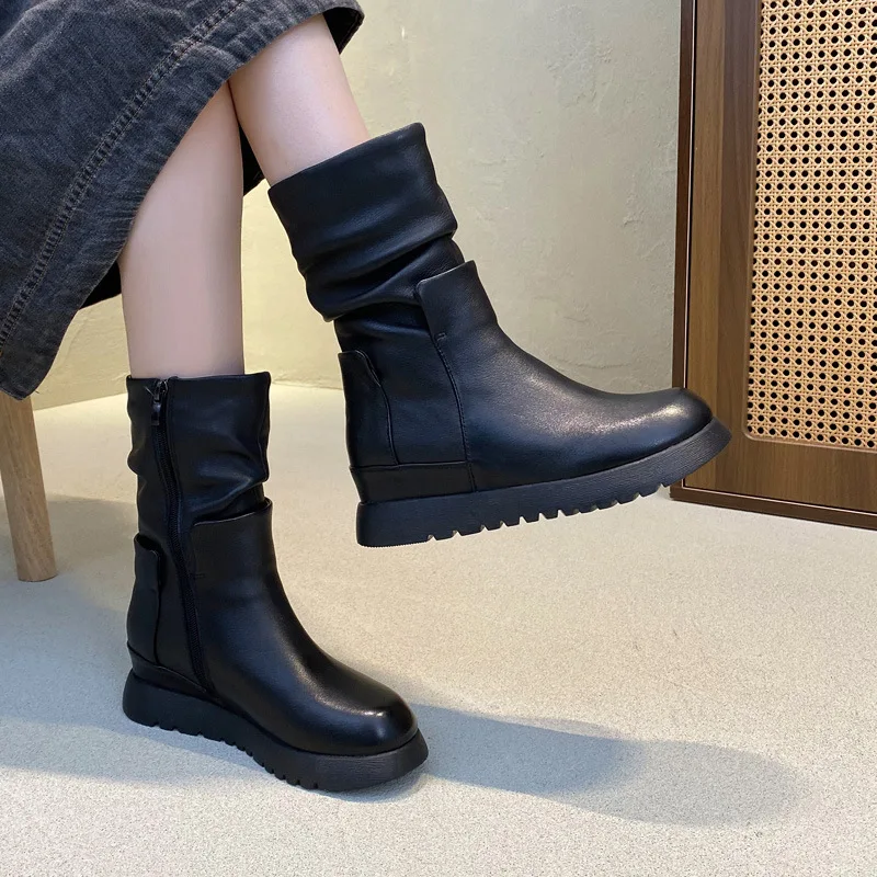 

Side zipper casual women's shoes retro round toe fashion women's shoes rubber mid rise short plush women's boots 2024 trend T656