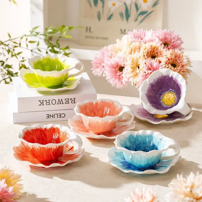 

Hand Painted Flower Ceramic Cup Plate Set, Design Sense Coffee Mug, Creative Colorful Tea Cup, Couple Water Cups, Holiday Gift