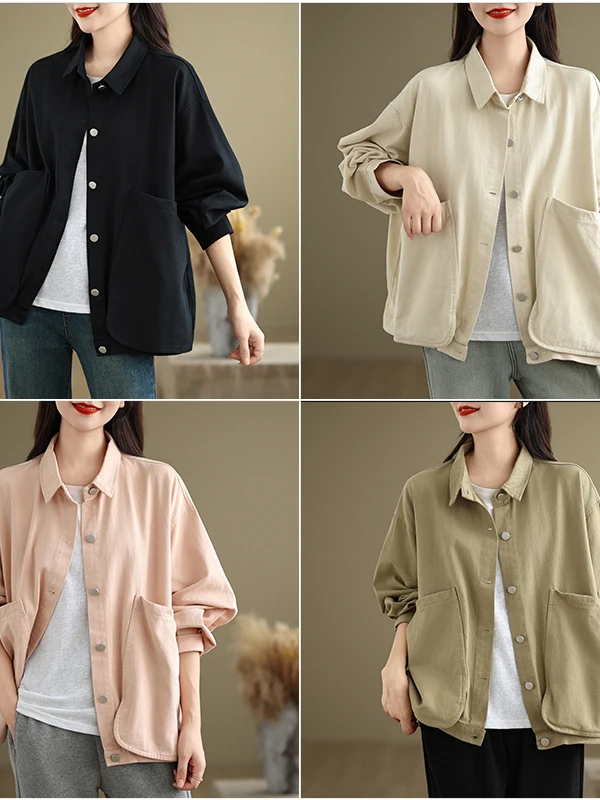 Loose Fit Retro Workwear Jaet with kets Breathable Cotton Long Sve  Collar Casual Slimming Design Spring Autumn N...
