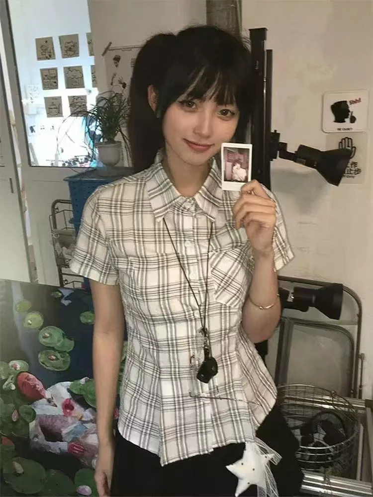 

Vintage Plaid Shirt for Women Y2K Japanese Sweet Preppy Slim Blouse Harajuku Single Breasted Short Sleeve All Match Tops Female