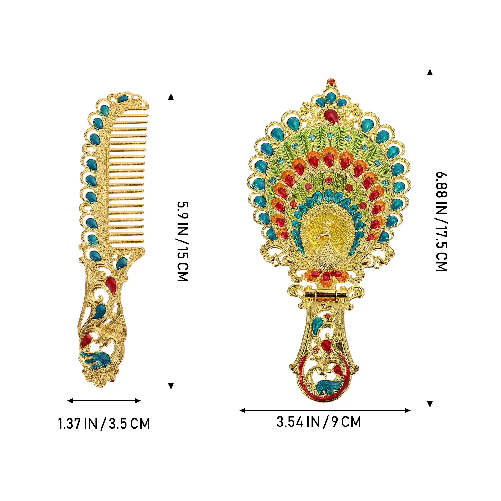 Relief Pfauenspiegel Kamm Set Metall Retro Make-up Taschenspiegel