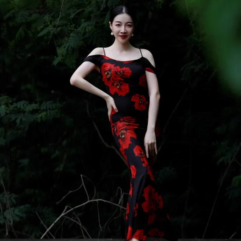 Spersonalizowane stroje do tańca brzucha, sukienka z siateczki z nadrukiem, z rybim ogonem, zakrywająca pośladki, z wbudowaną poduszką na biust, na wieczorne wyjście.