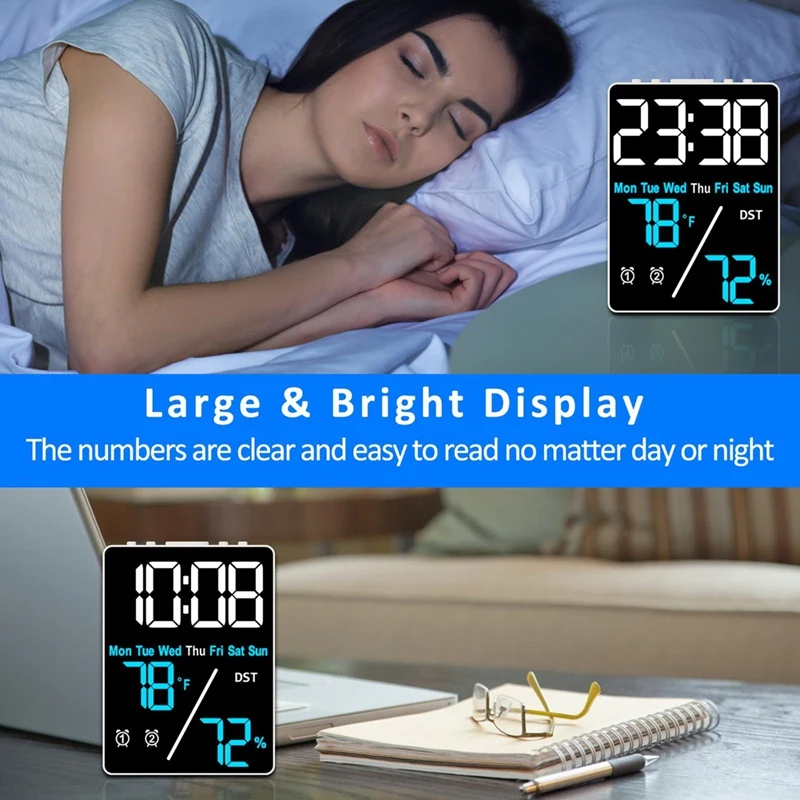 Digital Room Thermometer Hygrometer Alarm Clock For Desk, Indoor Humidity And Temperature Measurement With LED Display
