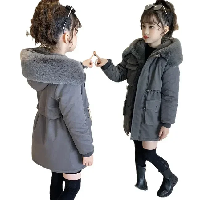 Girls Cotton Jacket Winter 2024 New Childrens Fashion Plush Thickened Style Overcomes Girls Cotton Jacket