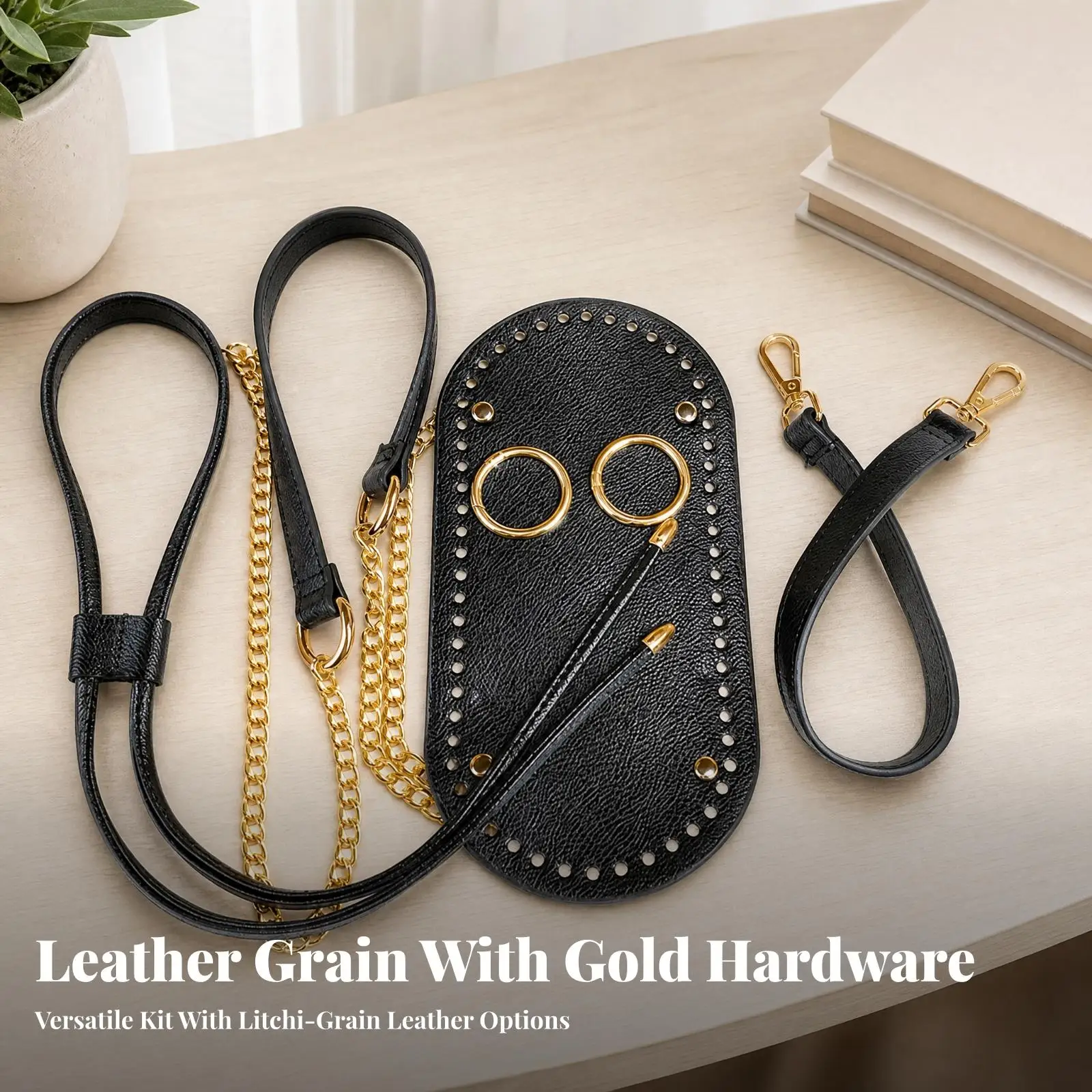 Women DIY Bucket Bag Kit Handwoven Crochet Purse Base with Leather Hardware Strap Chain for Knitting Lovers Gifts