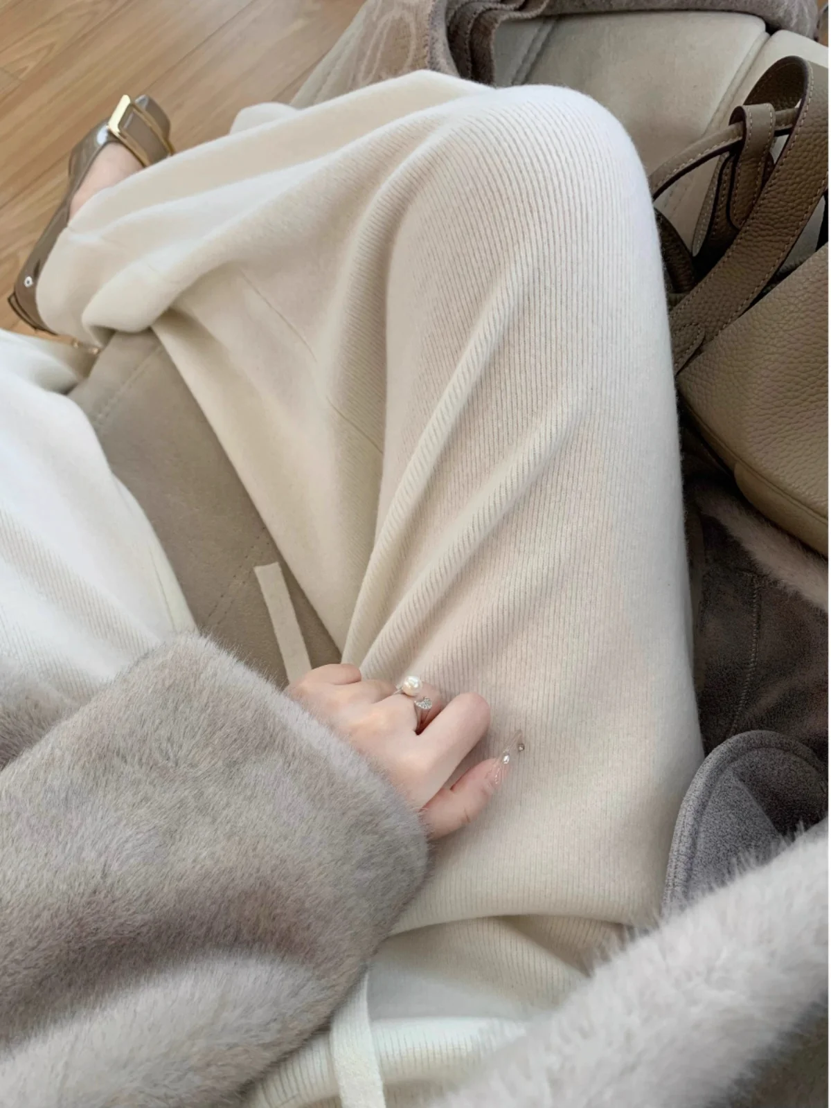 Oaeal Gebreide Wollen Wijde Pijpen Broek Dames Herfst Winter Rechte Casual Broek Afslanken Drapey Hoge Taille Pendelen Sle