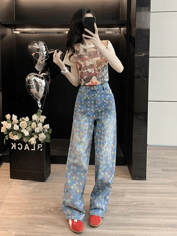 

Summer 2025 Retro Color Blo Print ort Sve T-irt And Jeans Set Women's Faion Casual High Waist Straight Leg Jeans