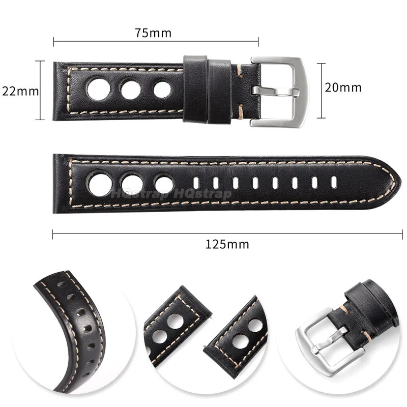 Винтажный кожаный ремешок для часов 20 мм, 22 мм, 24 мм, 26 мм, ремешок для Panerai, Omega, браслет Seiko, дышащий удобный браслет