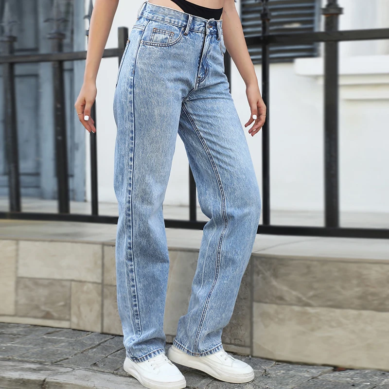 偽ツーピースステッチストレートジーンズ女性デニムパンツハイウエスト高級ブランドデザインズボンストリート衣装スタイリッシュな XS