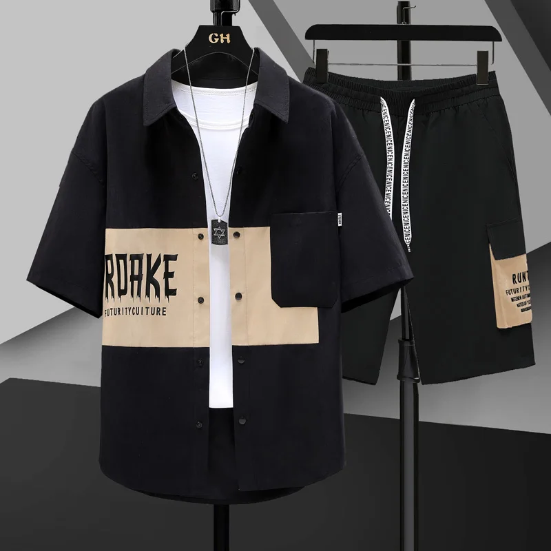 Casual Short Sleeve Shirt And Pants Set for Men Summer New Style Youth Polyester Fiber Five-Quarter Length Pants Shirt
