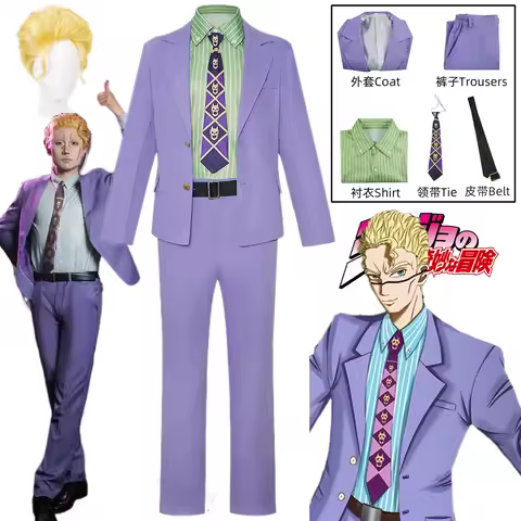 Kira Yoshikage Cosplay Costume Anime JOJO Kira Yoshikage Purple Suit Coat Pants Shirt Tie Belt Halloween Women Men Cos Costumes