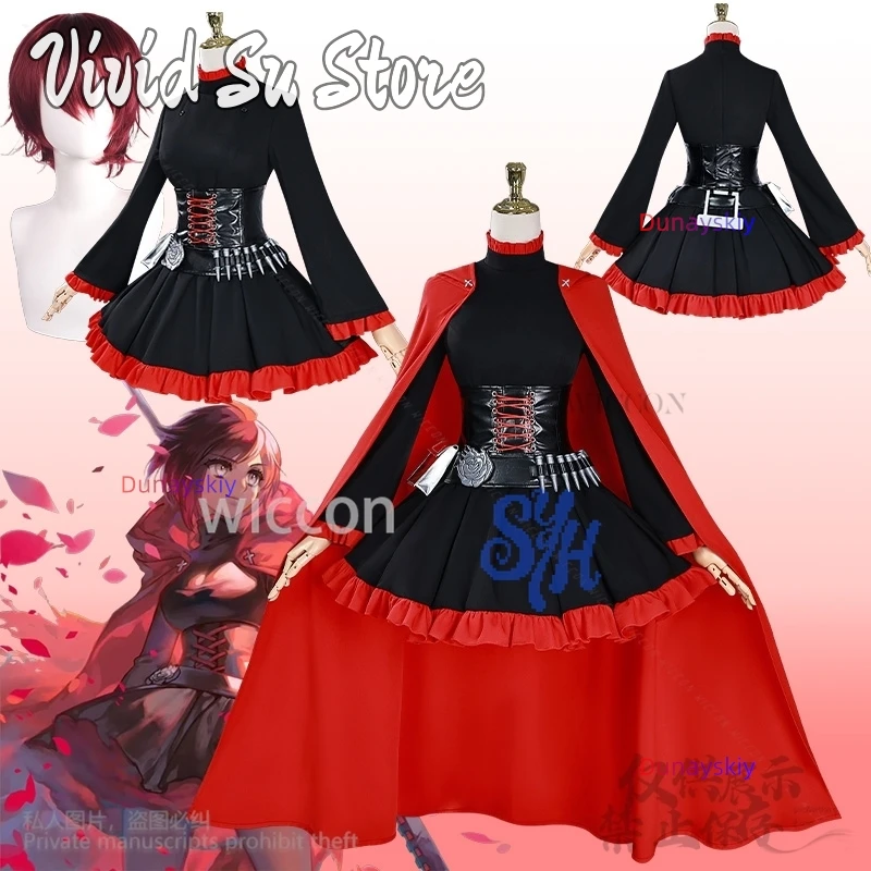 

Anime RWBY Cosplay Ruby Rose Red Cape Battle Dress Rose Punk Belt Goth Black Red Lolita Y2K Uniform Halloween Party Customized