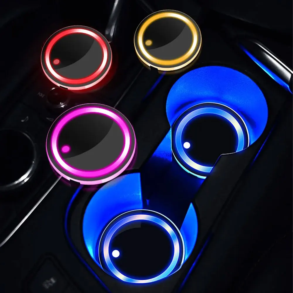 Car LED Cup Holder Lights Car Rechargeable 3 Modes 7 Color Changing Light Up Cup Holder Insert Coasters Car Decor Accessories