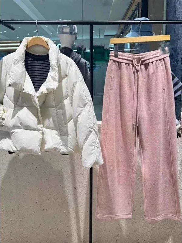 Pantaloni a gamba dritta da donna retrò americano rosa Thiened Fce autunno inverno caldo dimagrante confortevole elastico in vita lungo Tr...