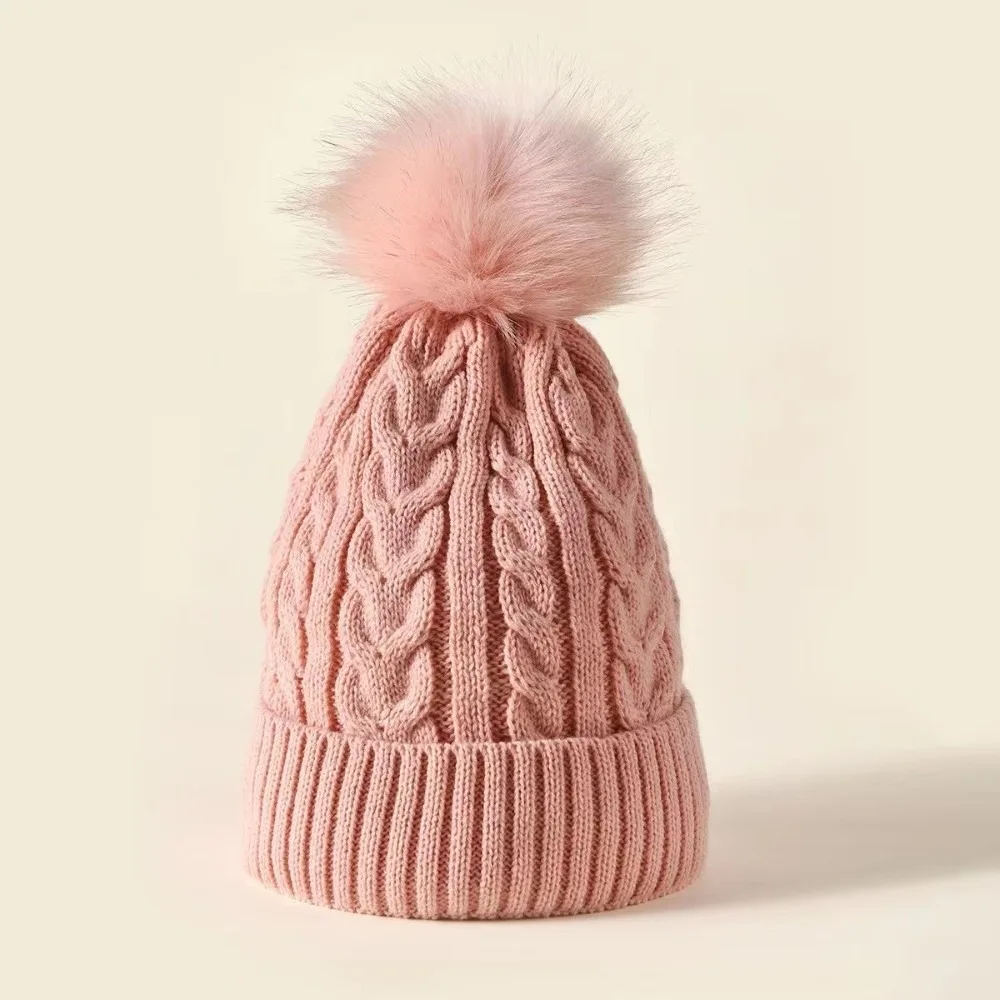 

Fashion Korean Style Winter Twist Knitting Hat Warm Soft Pompom Thick Cap Fleece Lined Solid Color Ski Snow Beanies Ladies