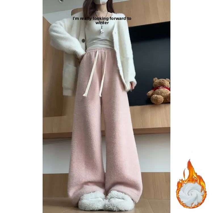 Pink Mink Velvet Fce Lined High Waist Dra Thiened Straight Leg Floor Length Pants Women's Autumn Winter New Arrival