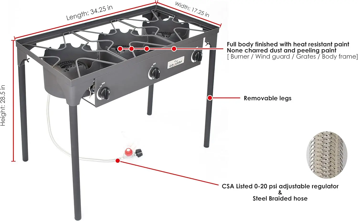 Hogedruk Triple Propaan Brander Outdoor Propaan Kampeerkachel Met 0-20 Psi Verstelbare Highregulator En Stalen Bh