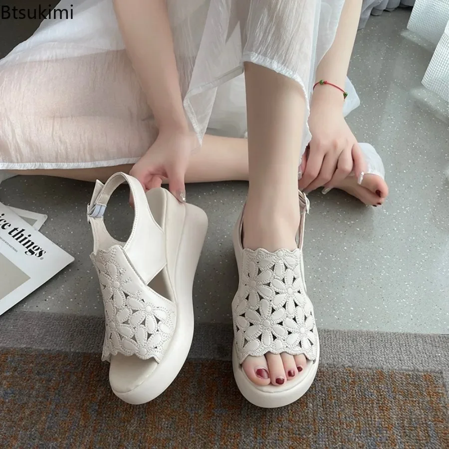 2024 Women\'s Summer Wedges Sandals Shoes Hollow Out Buckle Strap Design Peep Toe Sandals Female Leather Shoes Zapatos De Mujer