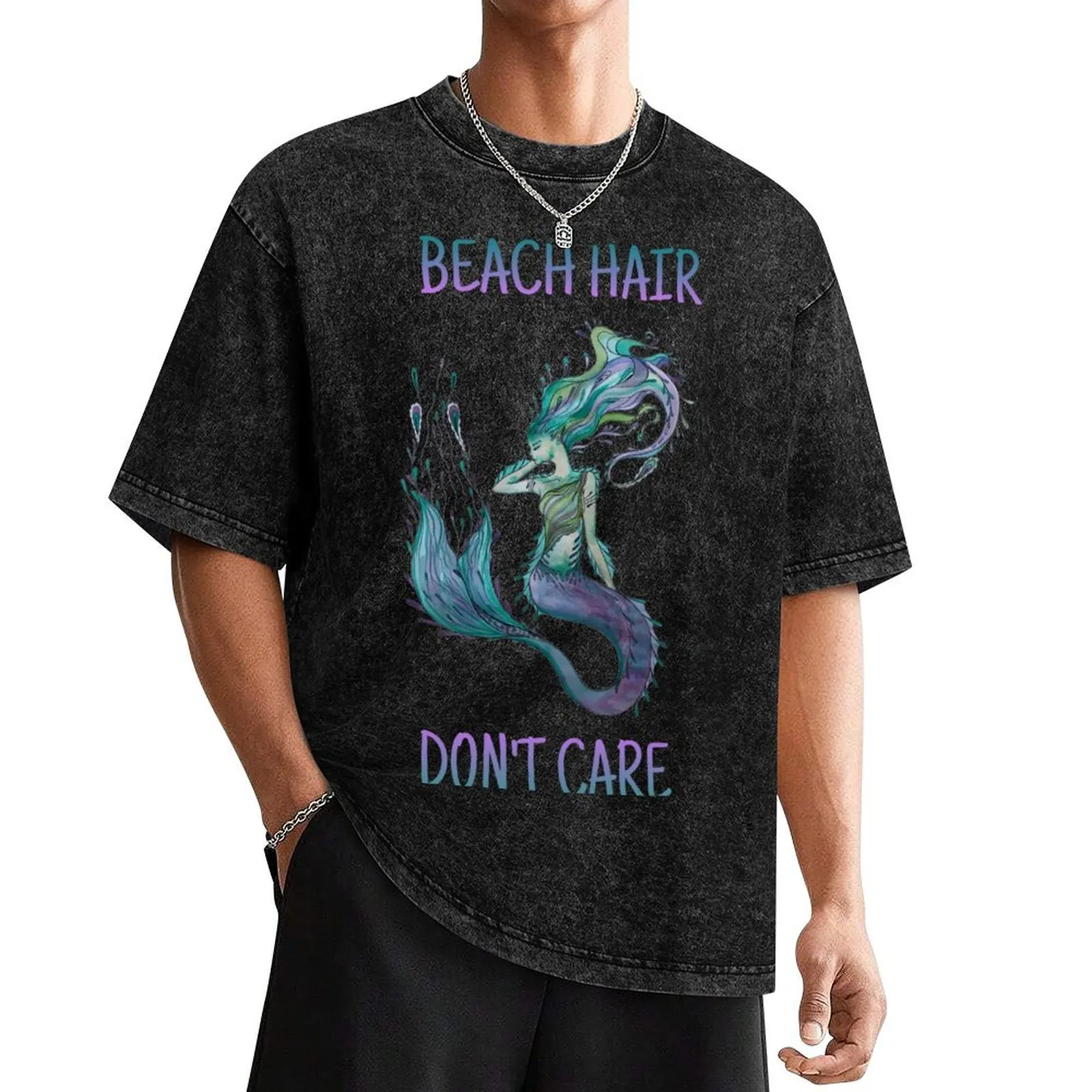 Футболка мужская с акварельным рисунком русалки, Пляжная тенниска с волосами, не заботится о них, хлопковая майка черного цвета на заказ