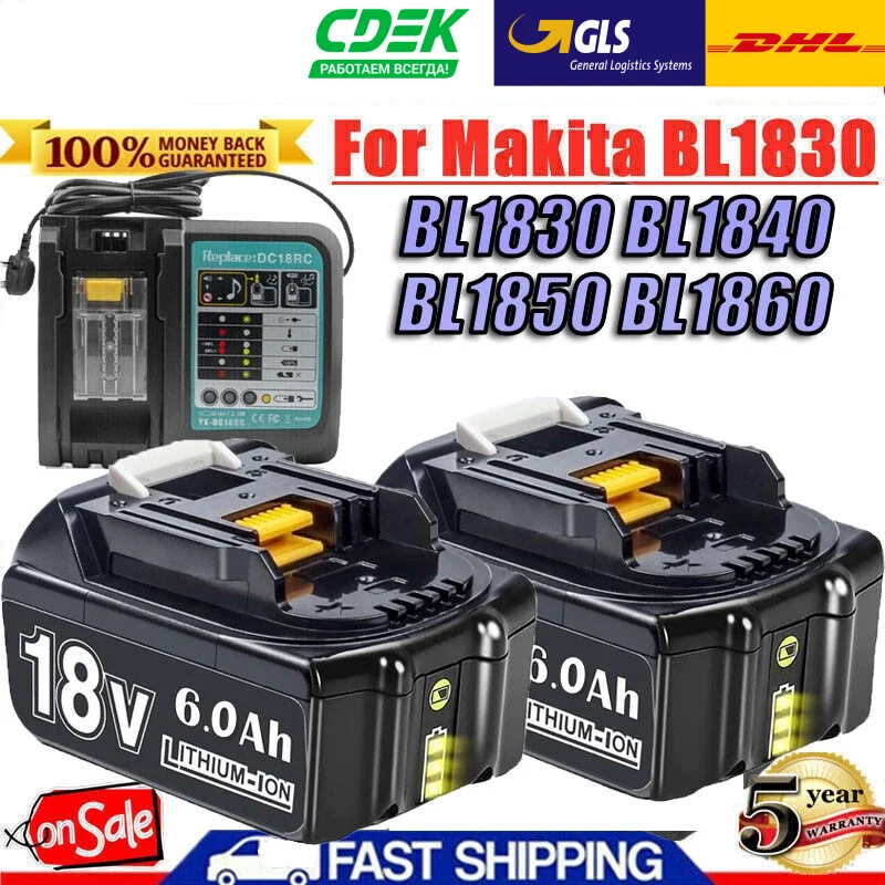 Batteria al Litio Sostitutiva 18V 6Ah BL1830 per Makita, Compatibile con BL1860B BL1840 BL1850B BL1850 BL1860 DDF487 LXT400 194205-3