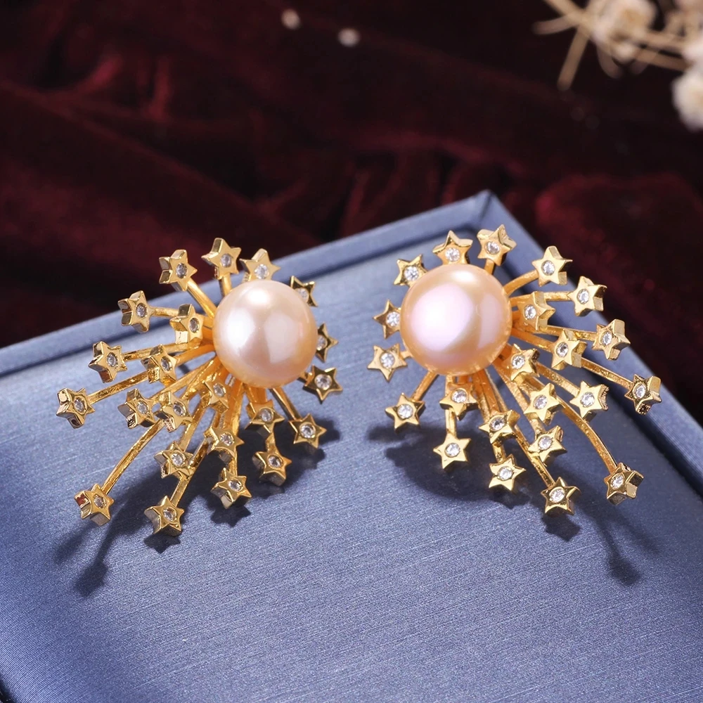 Upscale 14K Gold Jewelry Real Gold Earrings AAA Zircon Pearl Star Cluster Firewor Stud Earrings For Women Brincos Christmas Gift