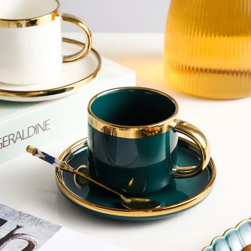 European Luxury Green Glazed Gold Plated Mug Cup Afternoon Tea Set High Beauty Phnom Penh Room Coffee Cup And Plate Set