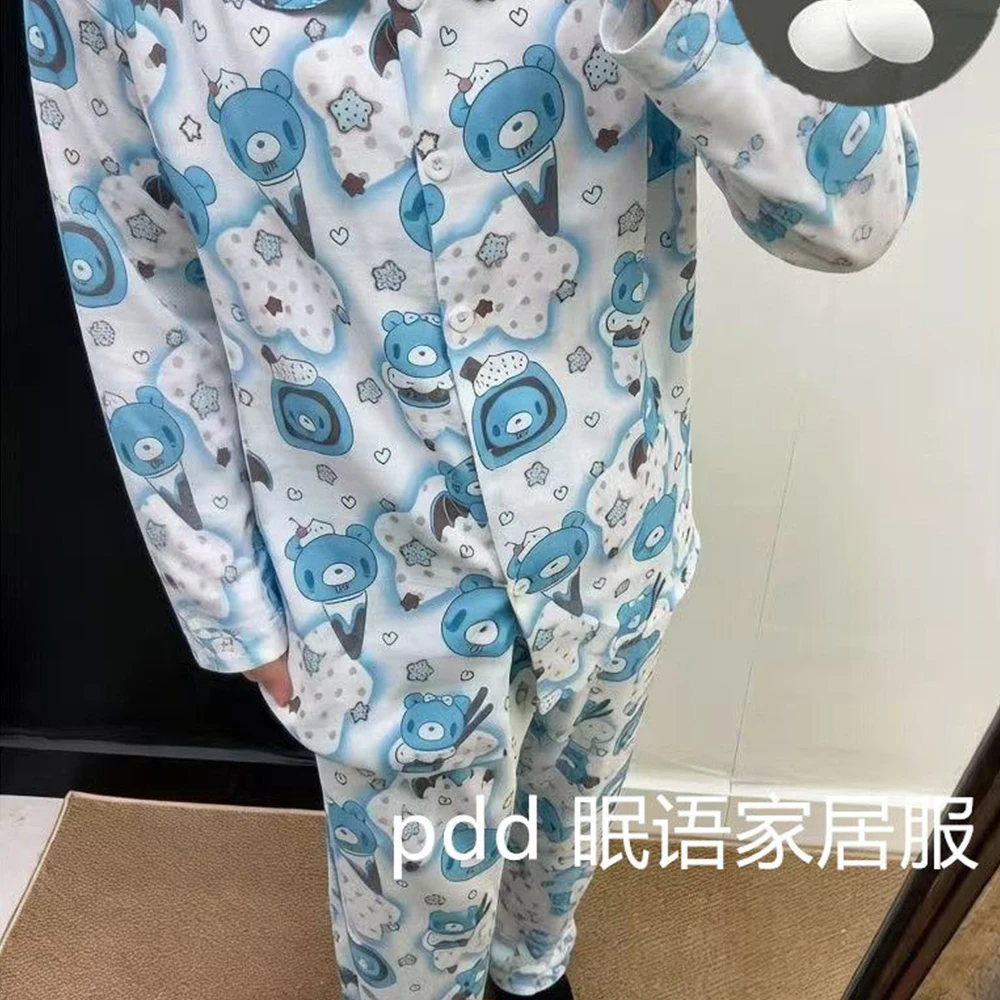 2Pcs Women Gloomy Bear Pajamas Set Spring Autumn Long Sleeve Trousers Sleepwear with Padded Cups Y2K Leisure Cartoon Homewear