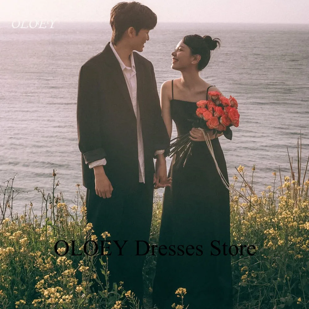 

OLOEY Simple Black Evening Dresses For Wedding Party Korea Photo shoot Spaghetti Straps Matte Satin Formal Gowns CUstomized