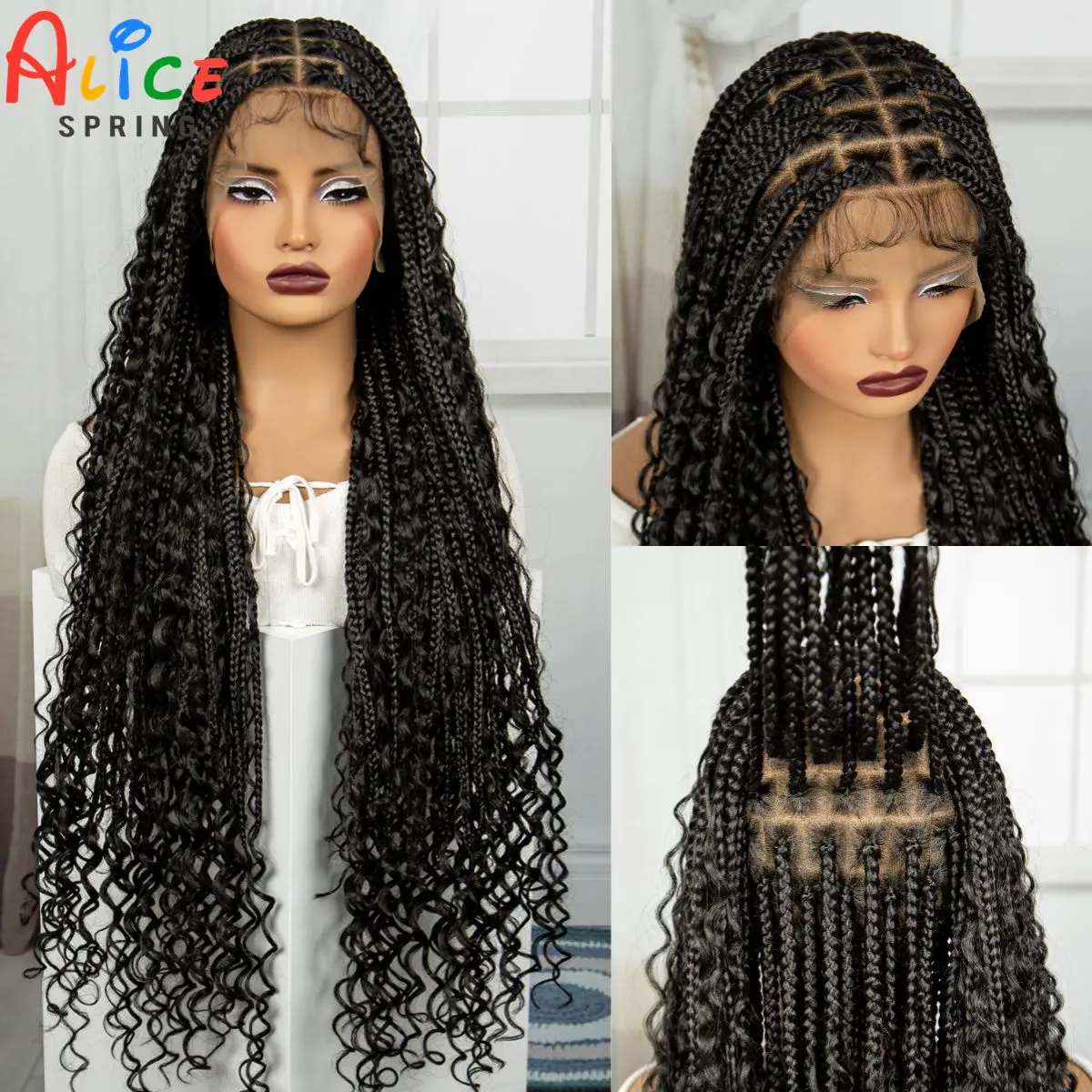 36 Inch Long Boho Braided Wigs with Baby Hair Synthetic Full Lace Knotless Box Braiding Hair Wig with Curly Ends for Black Women