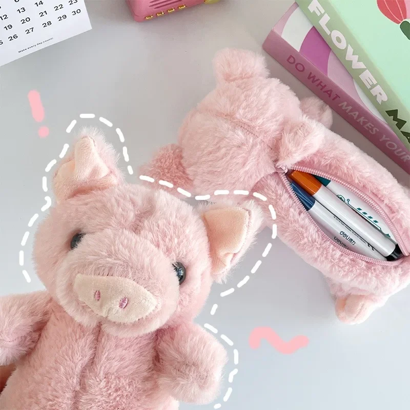 Autumn Winter | Cute Pink Pig Doll Plush Pencil Bag Kawaii Student Soft Fluffy Large Capacity Stationery Bag Kid School Supplies