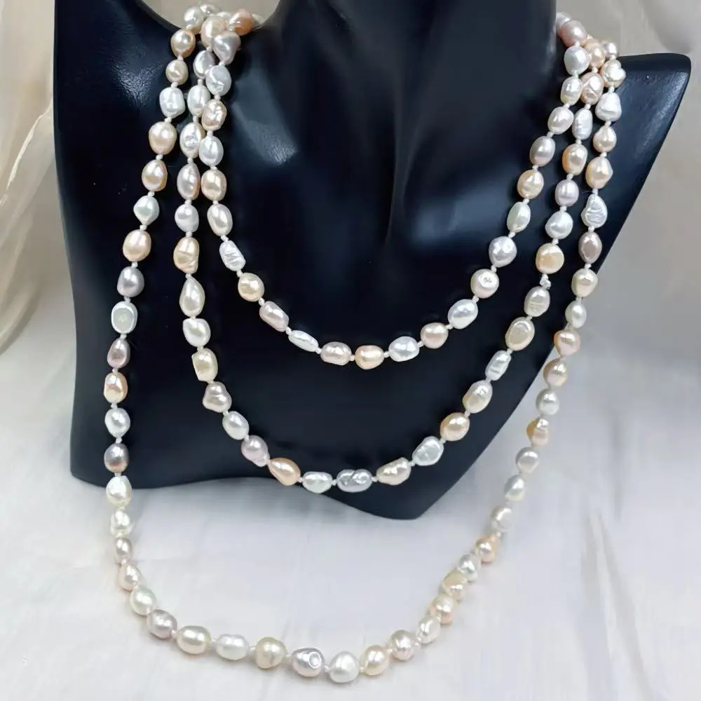 

Free Shipping Real Natural Freshwater Pearl 3 Layers Elegant Party Wedding Dress Jewelry Pink Pearl Long Layer Necklace 160cm