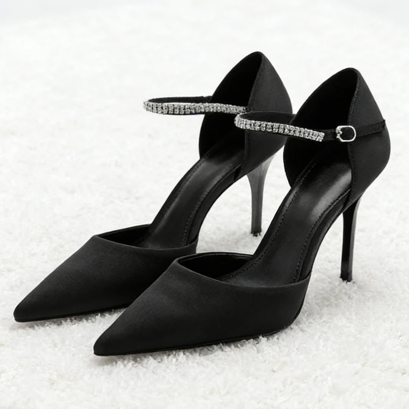 

Shine Rhinestone-Embellished High Heels for Women Sexy Black Pointed-Toe Ankle-Strap Stiletto Sandals Luxury Evening Dress Shoes