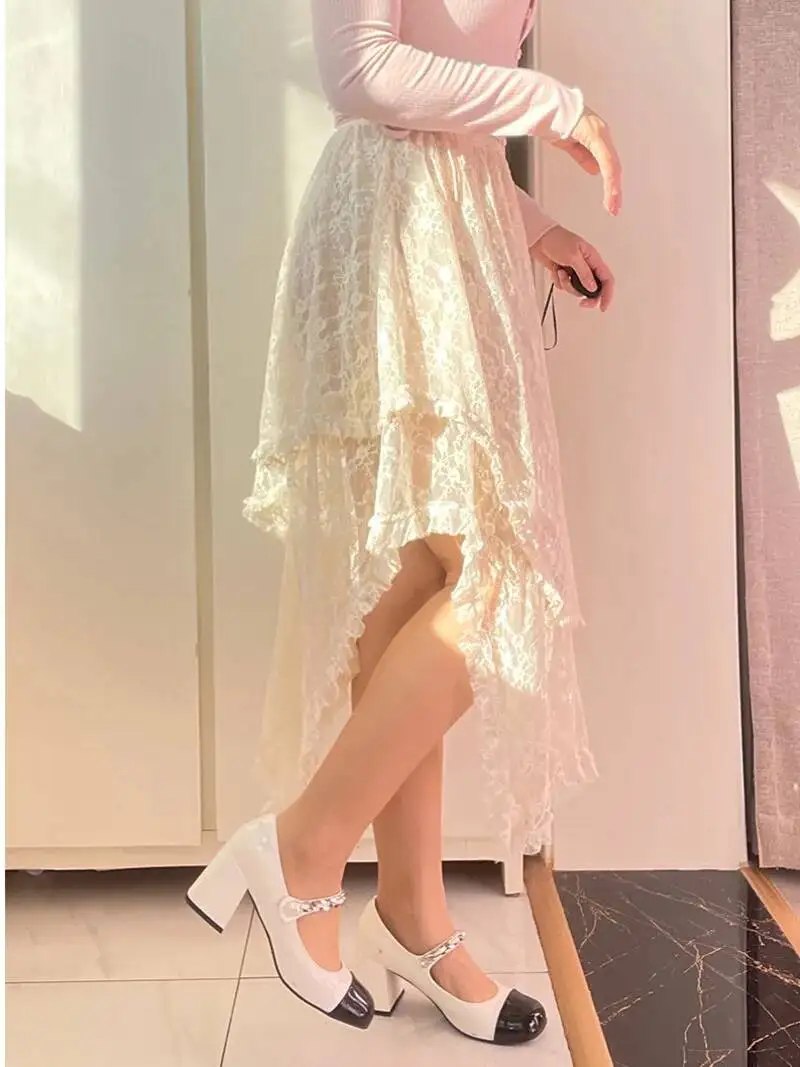 

WOMENGAGA Элегантная женская юбка А-силуэта с асимметричным кружевом и микро-прозрачным жаккардовым узором, сексуальная длинная юбка, модные юбки 6Q9O