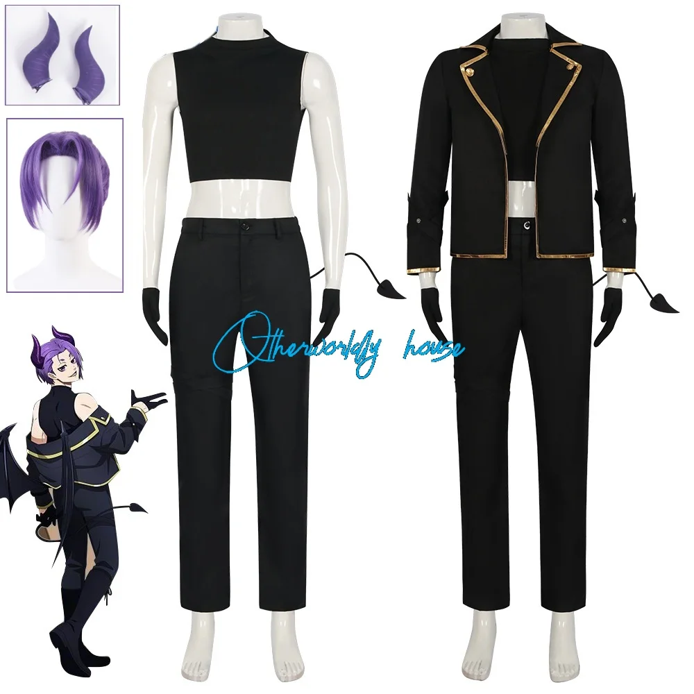 Anime Blue Lock Mikage Cosplay Costume Black Devil Uniform Wig Gloves Headwear(Purple Horns) Cosplay Clothes Men Convention Suit