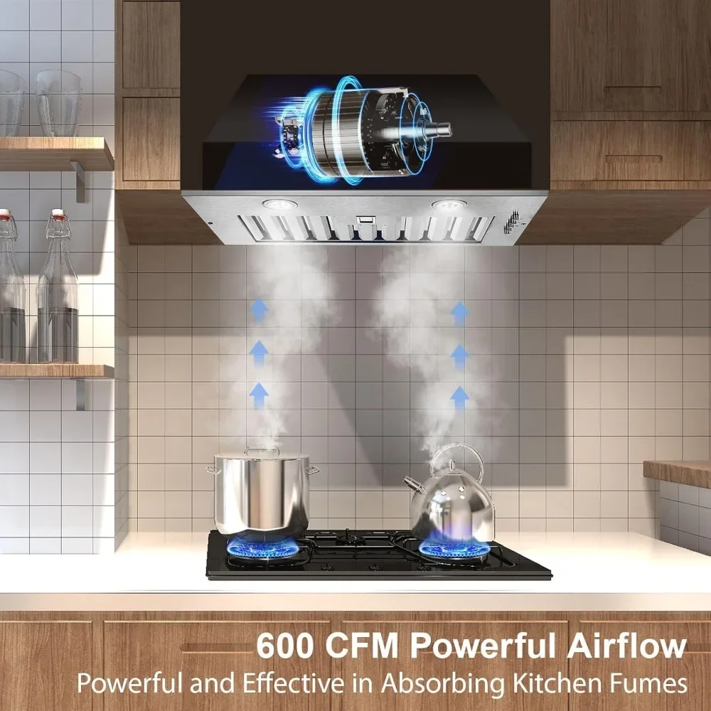 شفاط المطبخ 20 بوصة، شفاط المطبخ المدمج 600CFM، غطاء موقد قابل للتحويل بدون مجاري/بدون مجاري